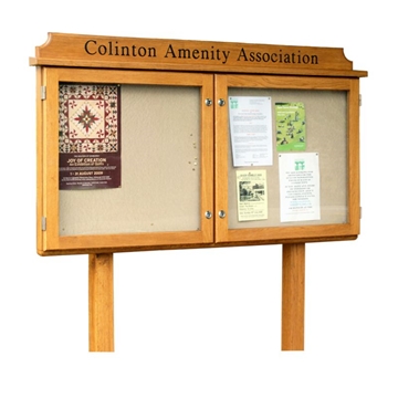 Post-Mounted 2-Bay External Landscape Format Glazed Lockable Oak Notice Boards